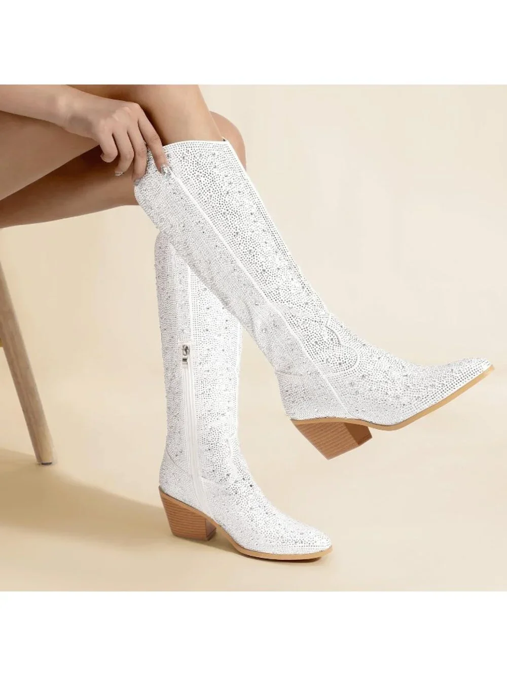 Women's White Pointed Toe Sparkly Glitter Chunky Heel Over The Knee High Boots